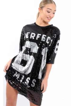 Black Sequin Miss Perfect 61 Tshirt Dress - Ysabelle